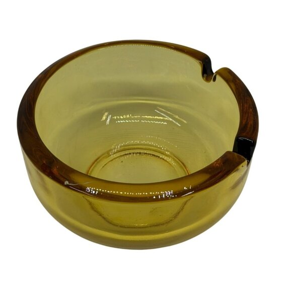 VTG MCM Amber Glass Round Ashtray 3.5" 2-Slot Heavy Rounded Cigarette Dish Retro - Picture 1 of 7